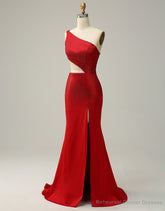 Red Mermaid One Shoulder Long Glitter Prom Dress With Split